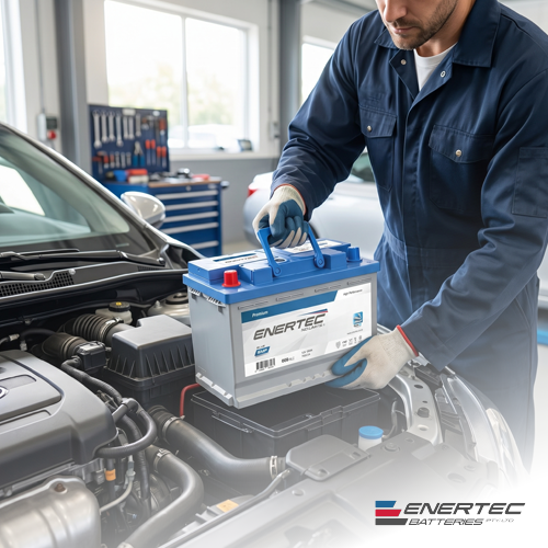 Enertec's blue Car Battery placed inside a car